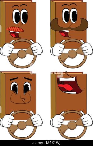 Books driving, holding a steering wheel. Cartoon book collection with happy faces. Expressions vector set. Stock Vector