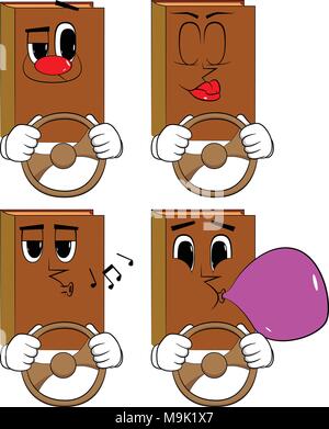 Books driving, holding a steering wheel. Cartoon book collection with various faces. Expressions vector set. Stock Vector