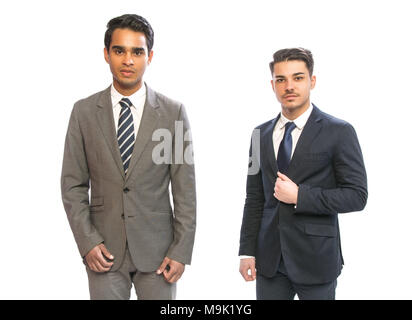 two young business man in suits in white background Stock Photo