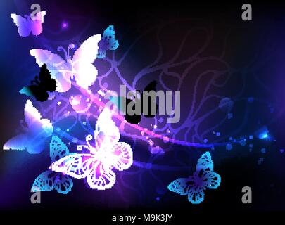 Black background with glowing night butterflies. Night butterflies. Design with butterflies. Stock Vector