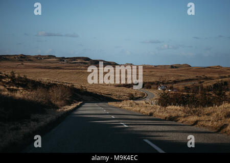 Road going through Isle of Skye, Scotland near Old Man of Storr. Stock Photo