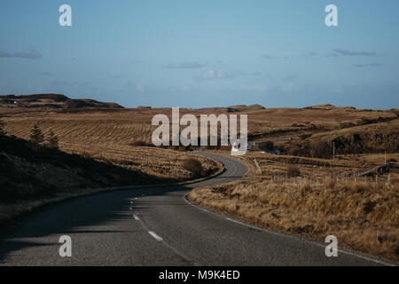 Road going through Isle of Skye, Scotland near Old Man of Storr. Stock Photo