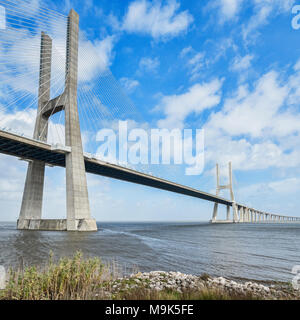 Vasco da Gama Bridge, the 17km cable stayed bridge which spans the River Tagus near Lisbon, Portugal. Stock Photo