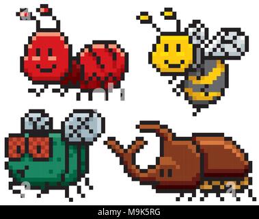 Vector illustration of Cartoon Insect set - Pixel design Stock Vector