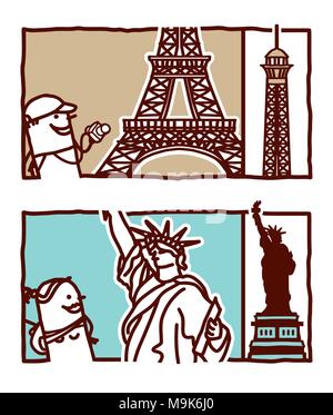 vector hand drawn cartoon characters - Eiffel tower & Sttue of liberty Stock Vector