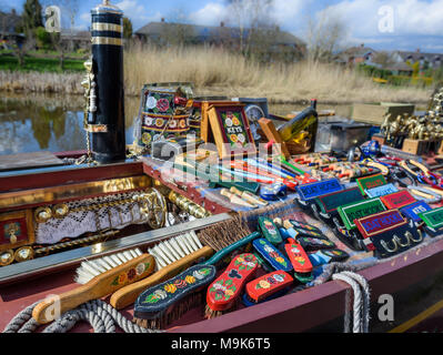 Various items for sale on a narrowboat in Cheshire, England, UK. Stock Photo