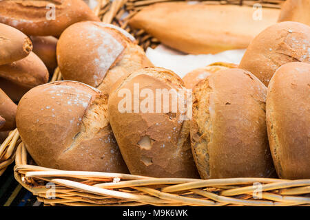 Homemade bread on a wicker tray Stock Photo