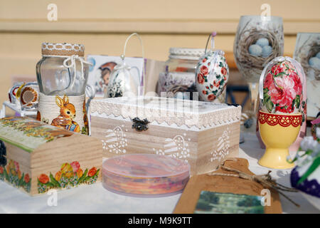 Decoupage technique. VIntage style. Shabby chic wooden boxes, glass jar and Easter egg Stock Photo