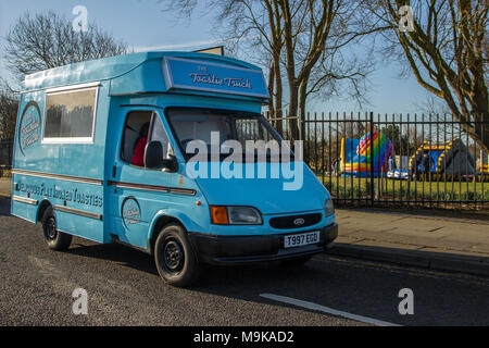 1999 blue Ford Transit 2500cc diesel panel van; Toastie catering truck event in the coastal resort on a warm spring day, Southport, UK Stock Photo