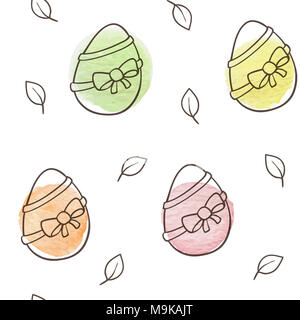 Hand drawn doodle Easter seamless pattern with eggs and watercolor blots on a white background Stock Photo