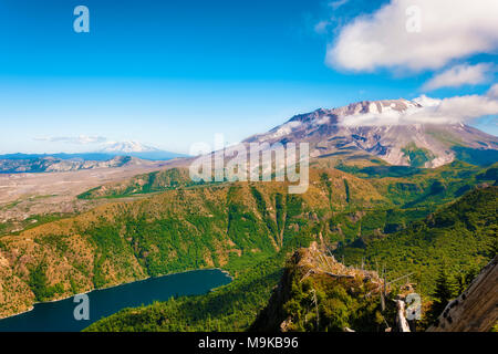 Vocano Peaks of Mt. Adams and Mt. St. Helens can be seen in the vast landscape viewed from the top of Castle Peak while hiking in the Pacific Northwes Stock Photo