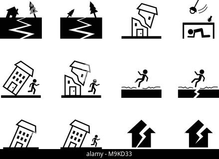 Set of earthquake icon and symbol in vector art design Stock Vector