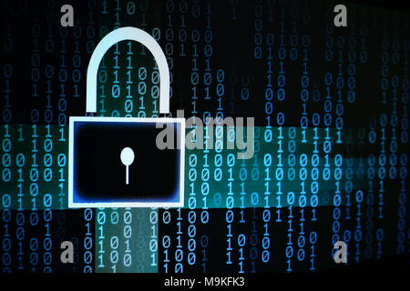 data safety internet security concepts. binary code numbers with padlock icon background on computer monitor. Private cyberspace business environment Stock Photo