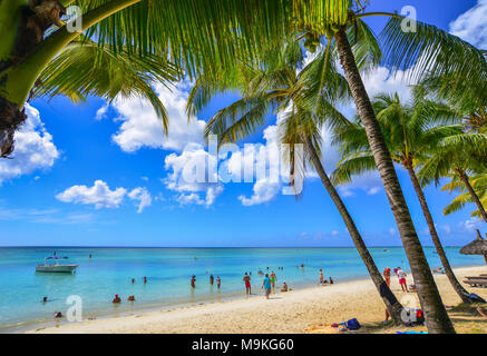 Trou-aux-Biches, Mauritius - Jan 4, 2017. Seascape of Trou-aux-Biches, Mauritius. Trou-aux-Biches is a small town with a public beach on the northern  Stock Photo