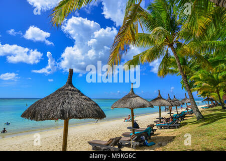 Trou-aux-Biches, Mauritius - Jan 4, 2017. Beautiful beach in Trou-aux-Biches, Mauritius. Trou-aux-Biches is a beach-town on the northern coast of Maur Stock Photo