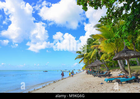 Trou-aux-Biches, Mauritius - Jan 4, 2017. Beautiful beach in Trou-aux-Biches, Mauritius. Trou-aux-Biches is a beach-town on the northern coast of Maur Stock Photo