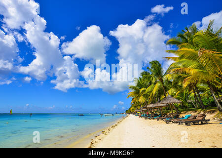 Trou-aux-Biches, Mauritius - Jan 4, 2017. Beautiful beach in Trou-aux-Biches, Mauritius. Trou-aux-Biches is a beach-town on the northern coast of Maur Stock Photo