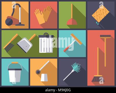 Horizontal flat design long shadow illustration with housework and cleaning symbols Stock Vector