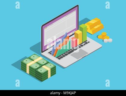 online business technology with laptop and graph and cash money Stock Vector