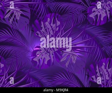 Jungle. Neon ultra violet. leaves of tropical palm trees, monsters, agaves. Seamless. illustration Stock Vector