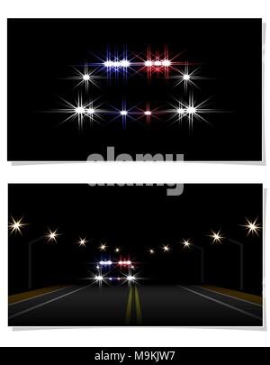 Abstract light effects. Police car at night close-up and on the highway with lights in front. Road, lampposts. illustration Stock Vector