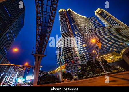 Looking up at the The Aria Resort and Casino from West Harmond Ave at night, Las Vegas, Navarda, U.S.A. Stock Photo