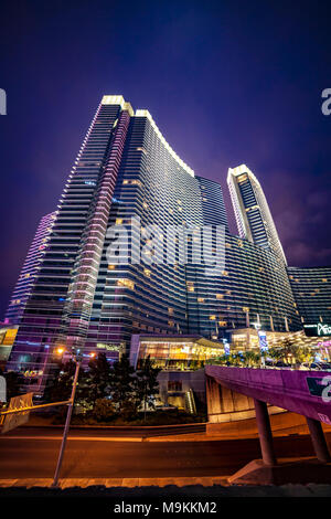 Looking up at the The Aria Resort and Casino from West Harmond Ave at night, Las Vegas, Navarda, U.S.A. Stock Photo