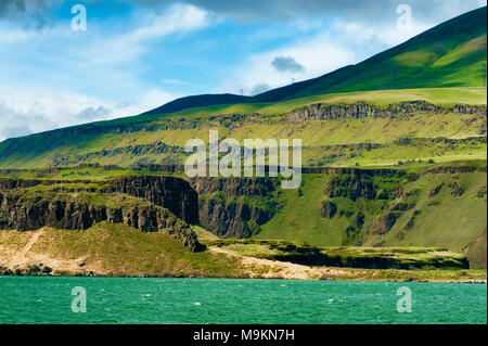 View of the Washington side of the Columbia River taken from car on Interstate 84 on the Oregon side of the Columbia River Gorge Stock Photo