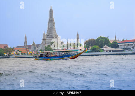 BANGKOK, THAILAND, MARCH, 23, 2018: Outdoor view of Amazing wat Arun Bangkok Thailand, the Temple of Dawn, on The Chao Phraya river in the horizont