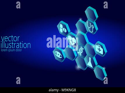 Hexagon medical flat icon set. Ambulance innovation medicine center poster business design element. Isometric 3D abstract composition blue glowing vec Stock Vector