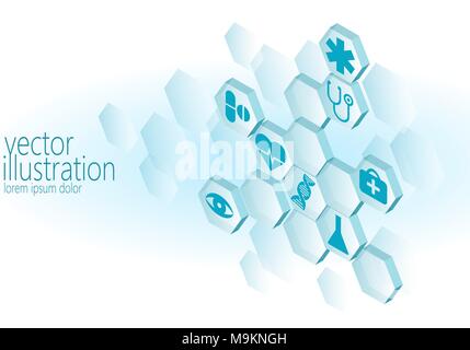 Hexagon medical flat icon set. Ambulance innovation medicine center poster business design element. Isometric 3D abstract composition blue glowing vec Stock Vector