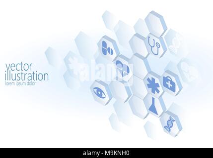 Hexagon medical flat icon set. Ambulance innovation medicine center poster business design element. Isometric 3D abstract composition blue glowing vec Stock Vector
