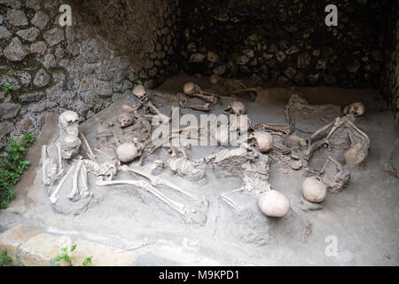 Skeletons and bones of the victims of a volcanic eruption in 79AD in the Roman city of Herculaneum, Italy Stock Photo