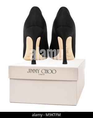 Pair of boxed Jimmy Choo high-heeled designer shoes Stock Photo