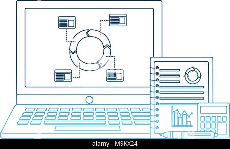 laptop with cycle diagram statistic business chart papers Stock Vector