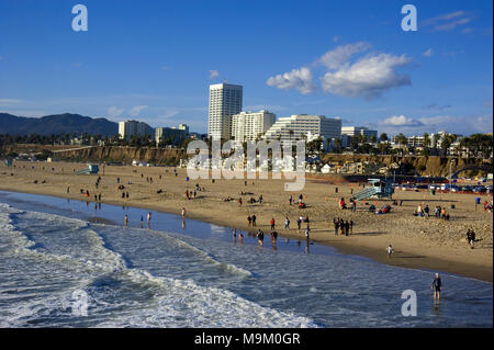 Santa Monica Beach and Downtown area viewed from the pier, Los Angeles, California Stock Photo