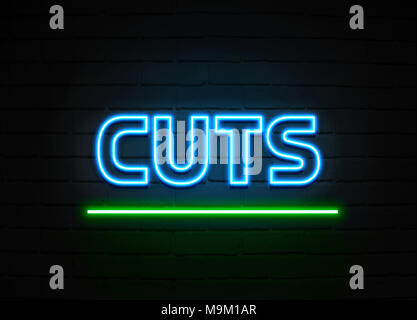 Cuts neon sign - Glowing Neon Sign on brickwall wall - 3D rendered royalty free stock illustration. Stock Photo