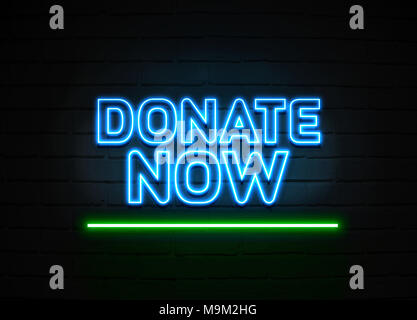 Donate Now neon sign - Glowing Neon Sign on brickwall wall - 3D rendered royalty free stock illustration. Stock Photo