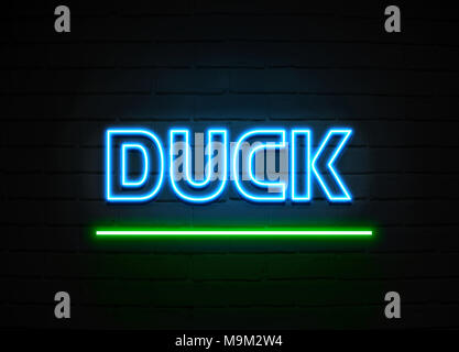 Duck neon sign - Glowing Neon Sign on brickwall wall - 3D rendered royalty free stock illustration. Stock Photo