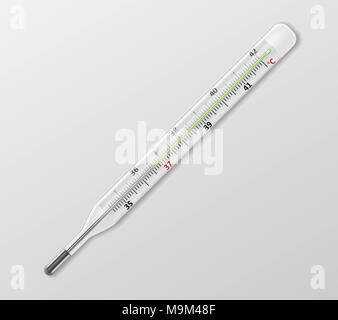 Medical mercury thermometer on white background. Realistic temperature diagnostic measurement instrument isolated. vector illustration Stock Vector