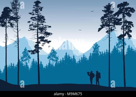 Tourist, man and woman with backpacks and a map looking for a trip in a mountain landscape with forest, trees and flying birds under the sky with clou Stock Vector