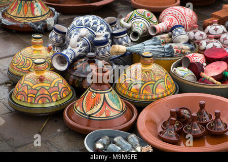 Morocco, Meknes, Place el-Hedim, locally made pottery displayed in square for sale as souvenirs Stock Photo