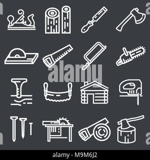 Carpentry wood work tools and equipment white icons set isolated vector illustration Stock Vector