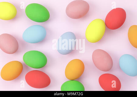 Table top view shot of arrangement decoration & sign Happy Easter holiday background concept.Flat lay beautiful of colorful bunny eggs on modern beaut Stock Photo