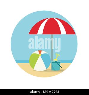 Beach umbrella, ball and a bucket with a shovel on sea background Stock Vector