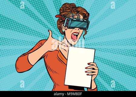 promoter woman in glasses virtual reality advertises Stock Vector