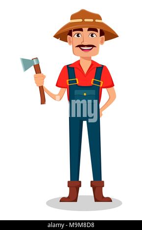 Farmer cartoon character. Cheerful gardener holds axe. Vector illustration isolated on white background Stock Vector