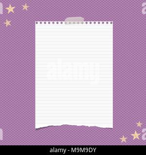 Torn white lined note, notebook paper sheet for text, stuck on squared violet background with stars on corners. Vector illustration Stock Vector