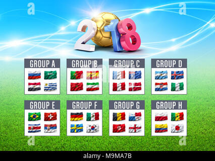 International soccer competition 2018 in Russia - Qualifying groups with team flags. 3D illustration. Stock Photo