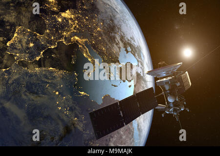 3D rendering of a satellite orbiting the earth with illuminated cities at night Stock Photo